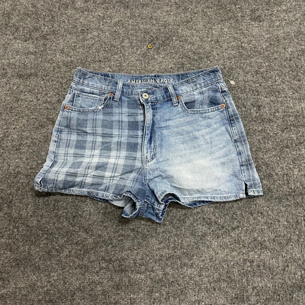 American Eagle Denim Shorts Womens Size 6 Blue Plaid Light Wash Casual Cut-Off